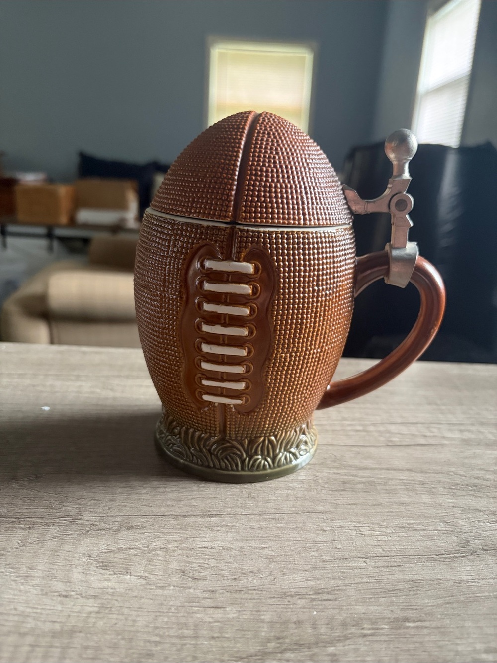Football-Shaped Ceramic Stein Mug in Brown with Metal Lid